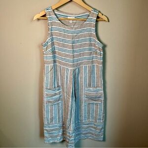 J. Jill Love Linen Striped Sleeveless Dress Teal Brown White Size XS